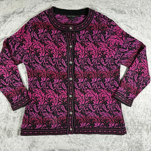 Vintage Nomadic Traders Womens Cardigan Size Large Pink Dark Floral Knit Sweater - Picture 1 of 10